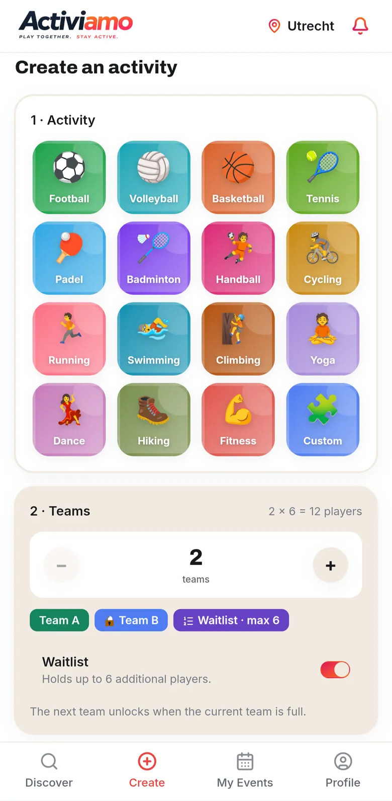 The Activiamo Create screen with the activity picker and team setup