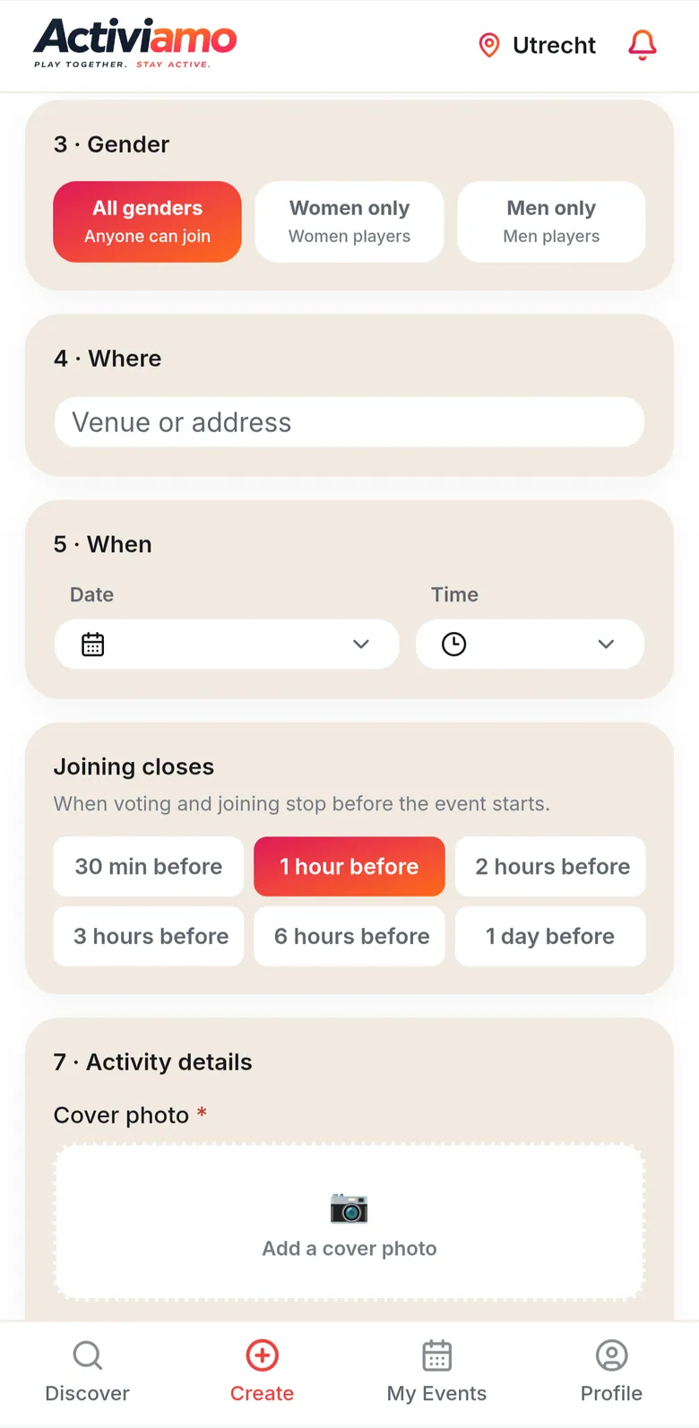 The Activiamo Create screen for gender, venue, date, time and when joining closes