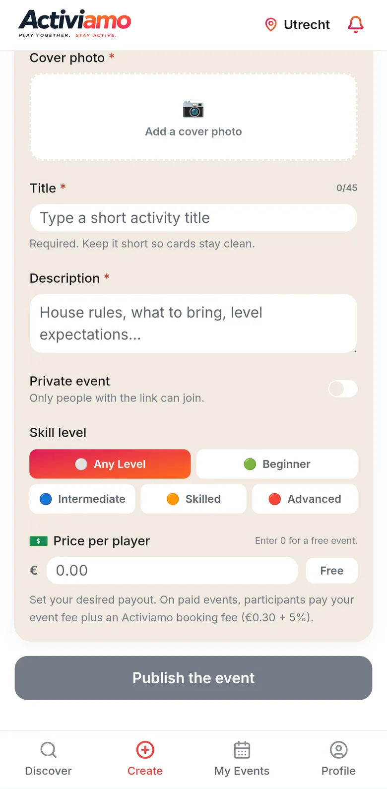 The Activiamo Create screen for cover photo, title, description, skill level and price