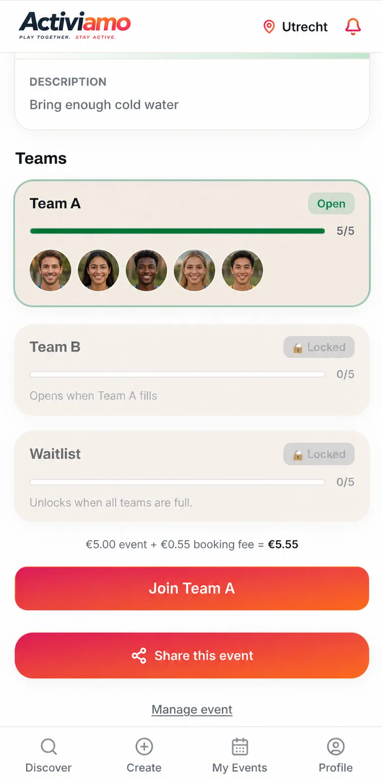 An Activiamo event showing Team A open, Team B locked until it fills, and a Join button
