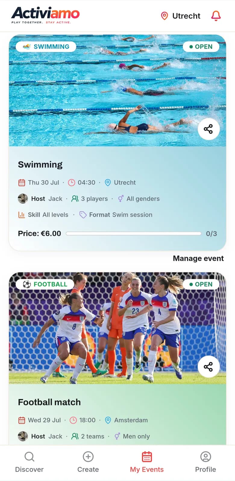 The Activiamo My Events screen listing a host's own events with manage links