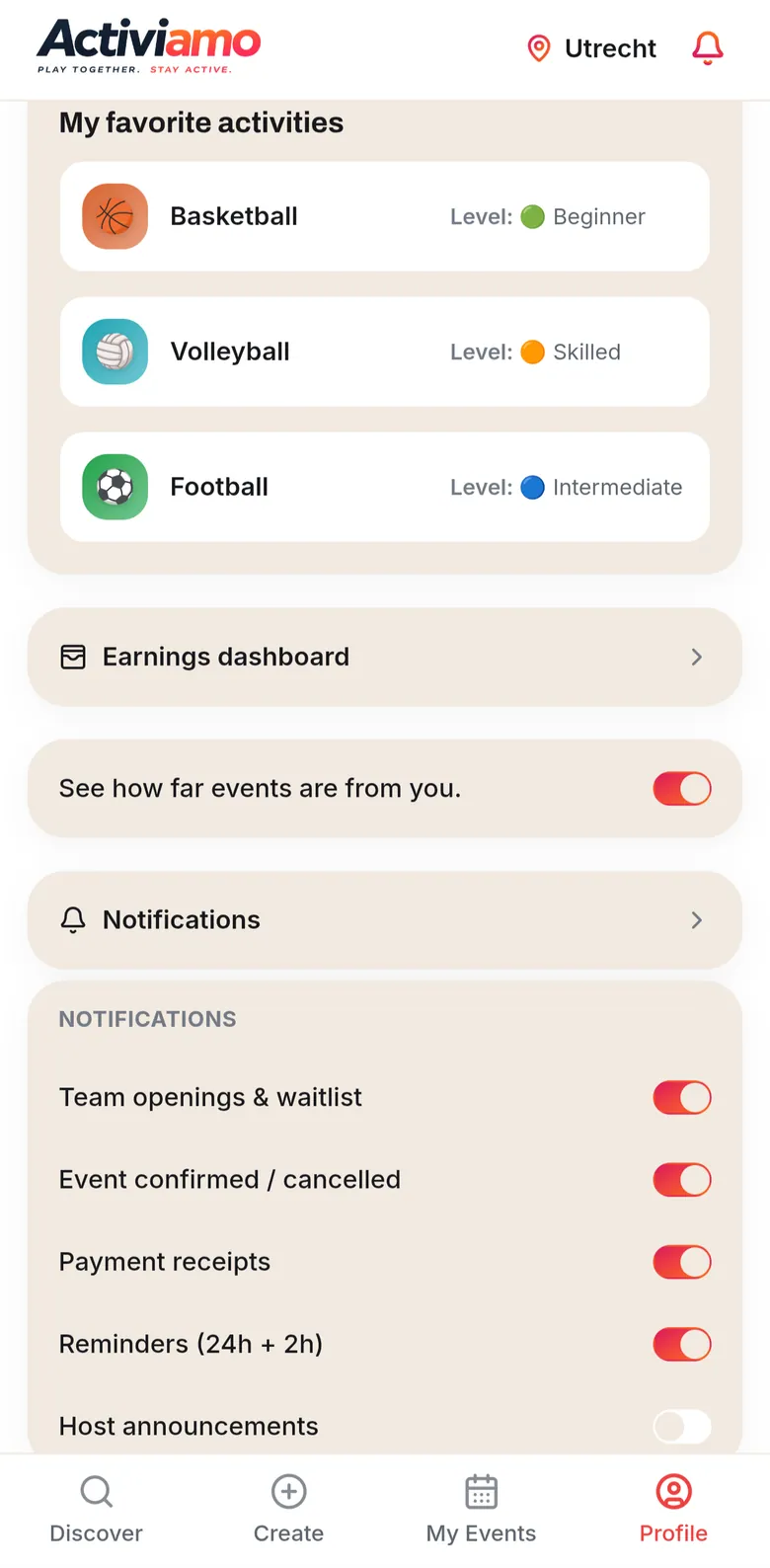 The Activiamo profile with the Earning dashboard and payout settings