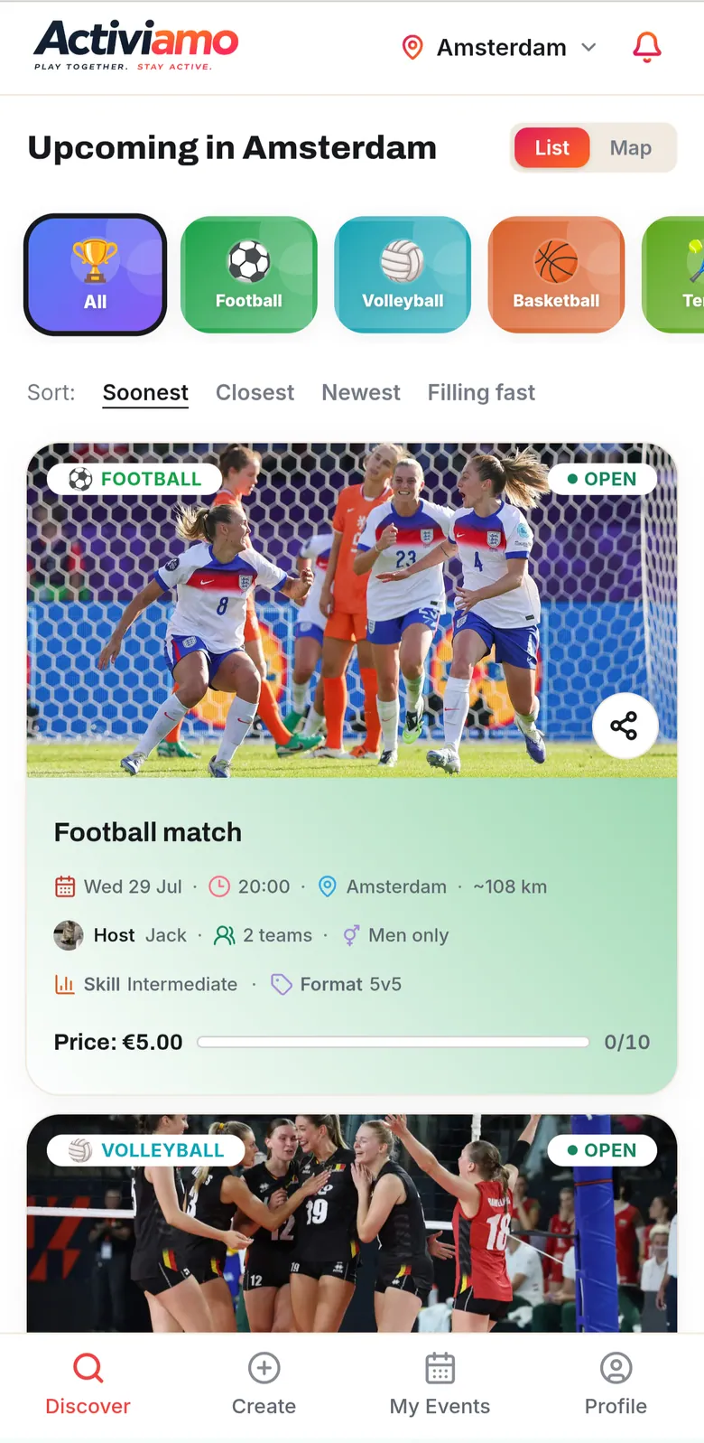 The Activiamo Discover screen showing upcoming activities with sport filter tabs and event cards