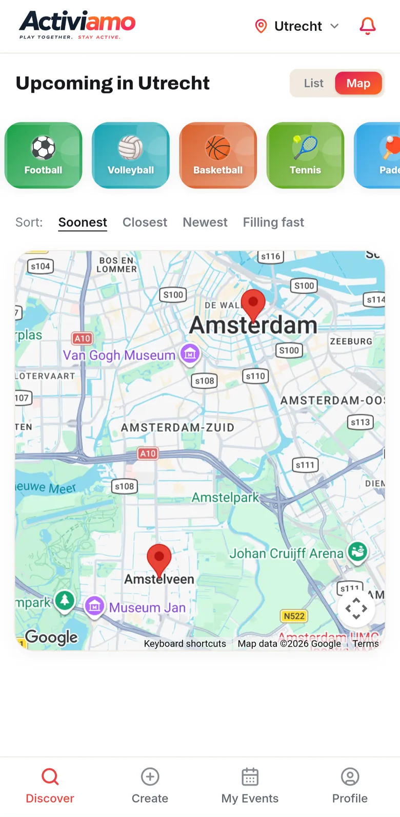 The Activiamo map view showing upcoming activities as pins across the city