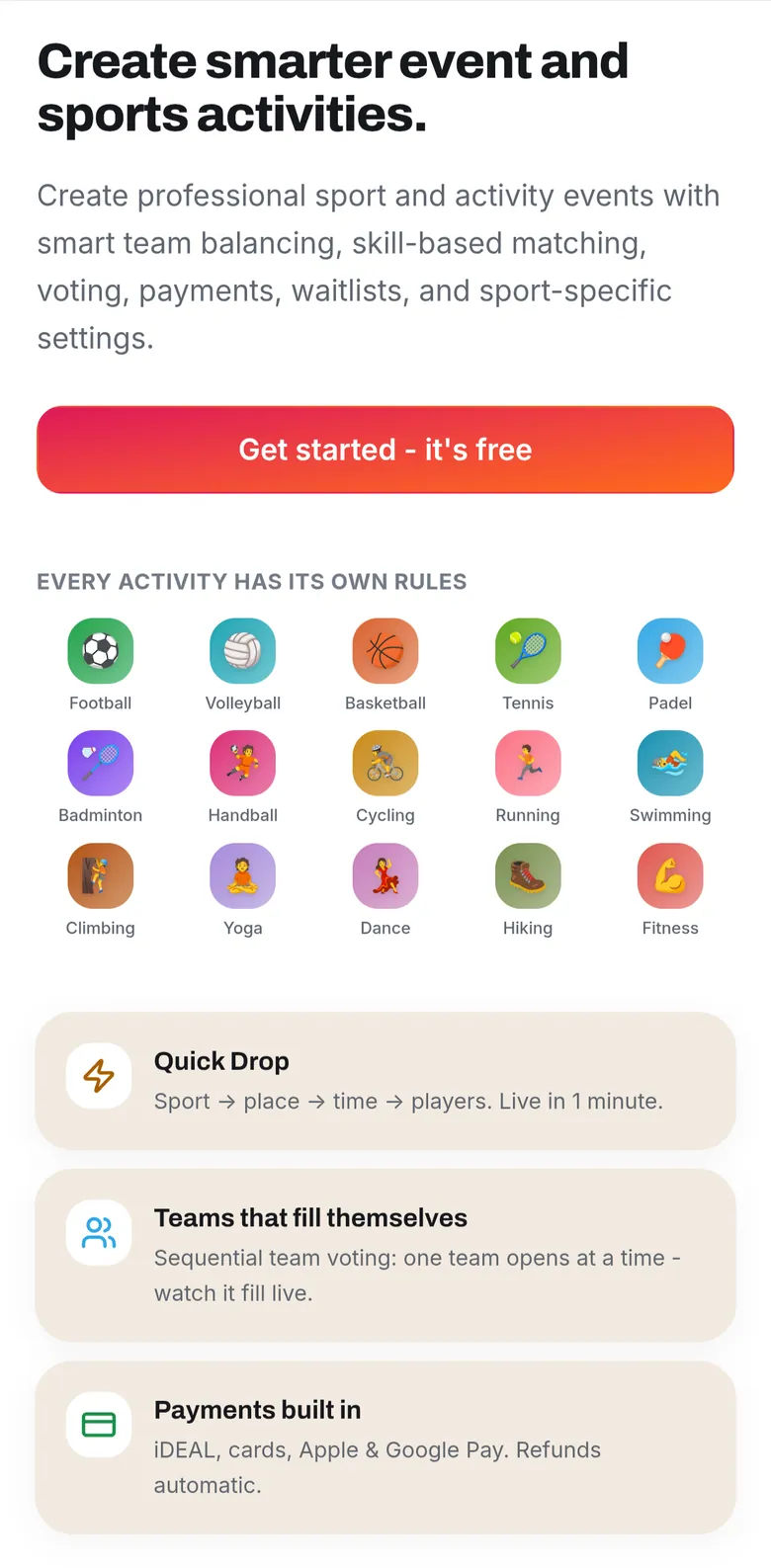 The Activiamo sign-up screen where new members create an account with their favorite sports